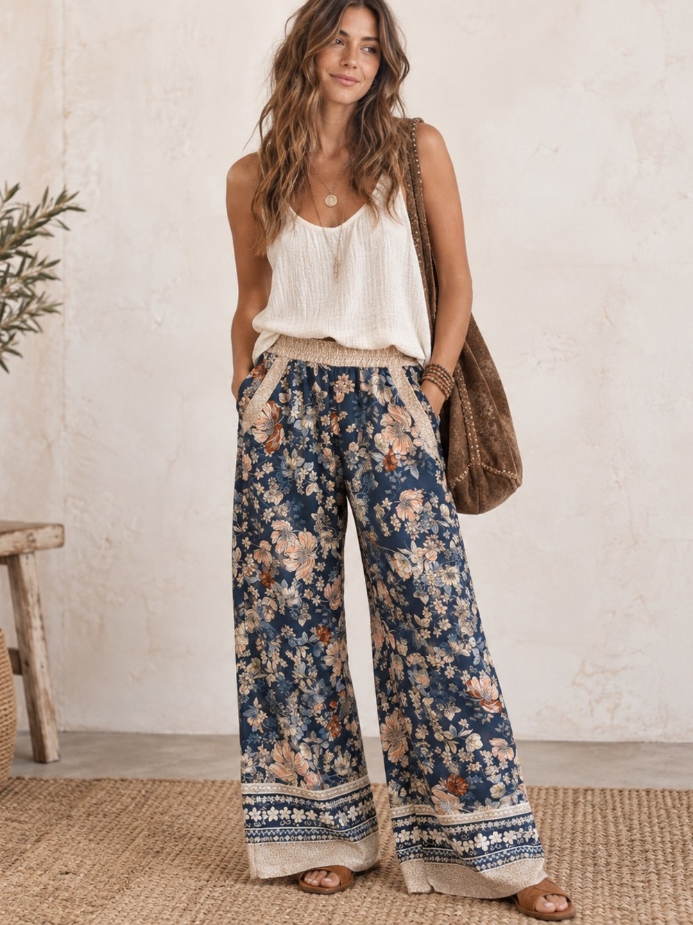 Floral Border Print Wide Leg Boho Palazzo Pants